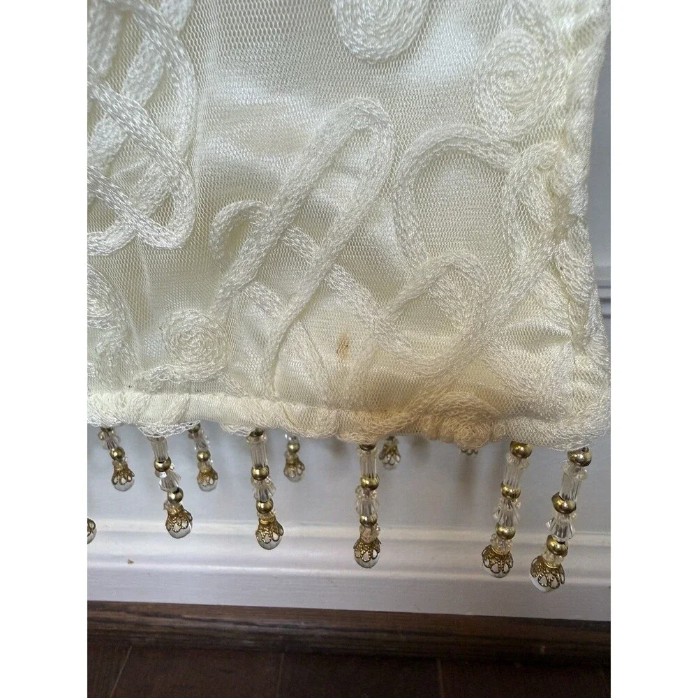 Ivory Cream Embroidered Lace Table Runner 80” x 12” Gold Crystal Bead Fringe